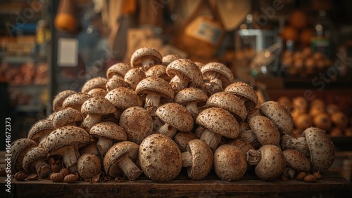Macro shot of a heap of sizable mushrooms displayed at a marketplace.