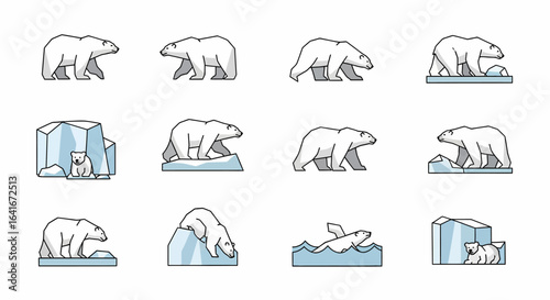 Polar bear icons on ice floes, various poses and actions, simple line art style.