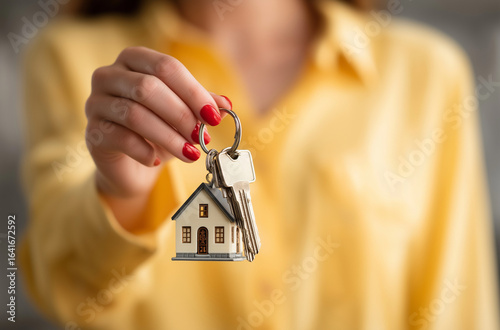 A woman realtor in a light yellow shirt holding keys and a small house model, with the focus on her hands with red nail polish holding the keys