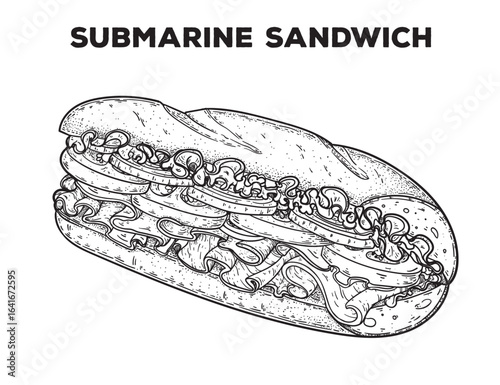 Submarine sandwich sketch. Hand drawn vector illustration. Gastropub, gastrobar, pub food. Detailed design element. Top view.