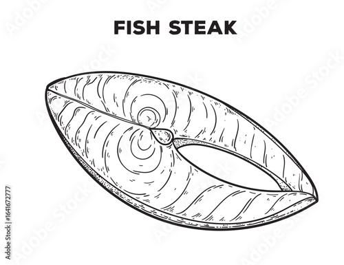 Fish steak sketch. Hand drawn vector illustration. Gastropub, gastrobar, pub food. Detailed design element. Top view.