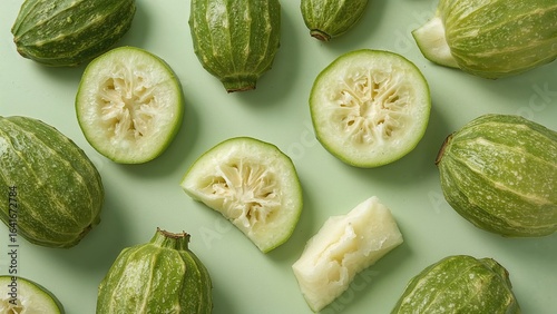Numerous halved and sliced ...