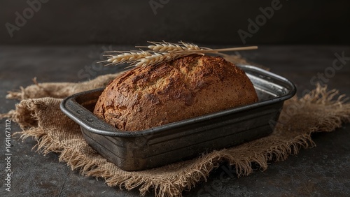 Rustic rye loaf placed on t...