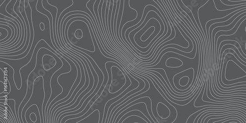 Abstract topographic contour line pattern on dark gray background. Modern minimalistic map texture design, seamless elevation curve background for geographic, digital, and graphic design use.
