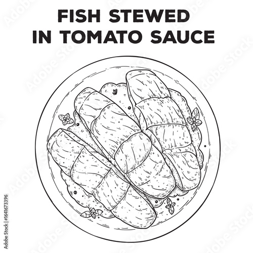 Fish stewed in tomato sauce. sketch. Hand drawn vector illustration. Gastropub, gastrobar, pub food. Detailed design element. Top view.