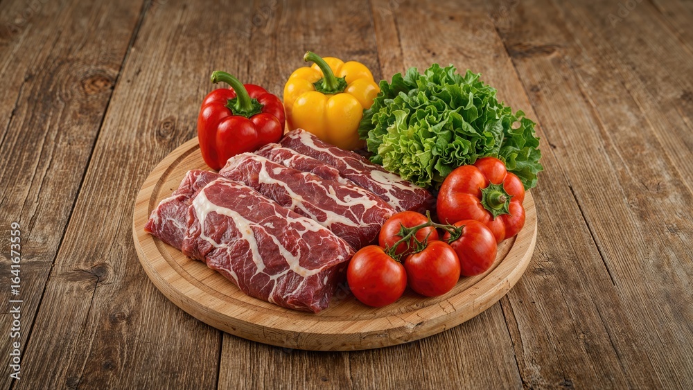 collection of raw mutton and assorted vegetables on a wooden background, ingredients for meal preparation collection of raw mutton and assorted vegetables on a wooden background, ingredients for meal preparation