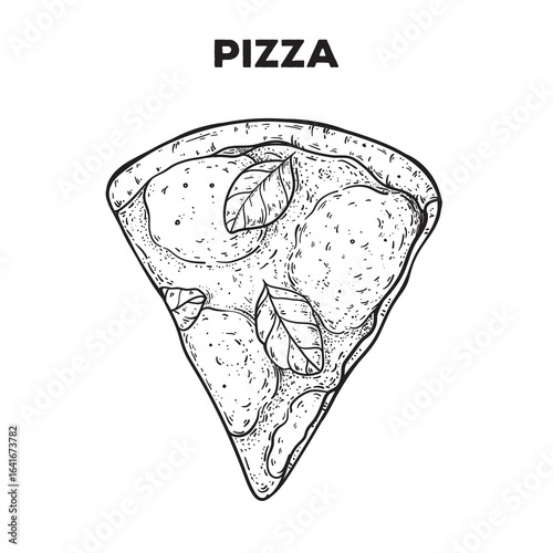 Slice of pizza sketch. Hand drawn vector illustration. Gastropub, gastrobar, pub food. Detailed design element. Top view.