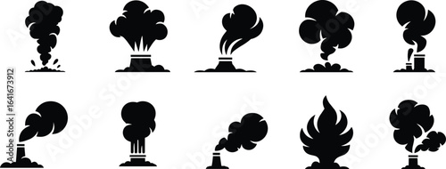 A versatile collection of smoke and explosion icons, representing various emissions, fumes, and impacts, ideal for industrial, environmental, or special effects designs