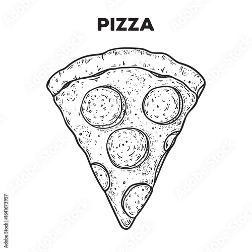 Slice of pizza sketch. Hand drawn vector illustration. Gastropub, gastrobar, pub food. Detailed design element. Top view.