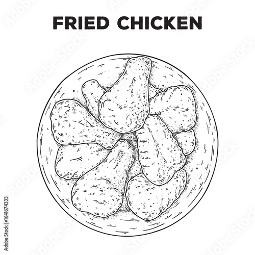 Fried chicken sketch. Hand drawn vector illustration. Gastropub, gastrobar, pub food. Detailed design element. Top view.