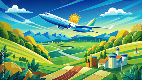 An airplane using biofuel soars gracefully above a verdant countryside beneath a seamless blue sky, highlighting sustainable aviation fuel, merging innovation and nature in a harmonious vision of gree