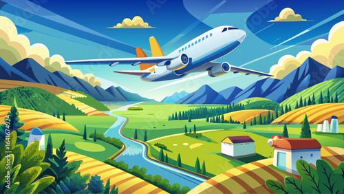 An airplane using biofuel soars gracefully above a verdant countryside beneath a seamless blue sky, highlighting sustainable aviation fuel, merging innovation and nature in a harmonious vision of gree