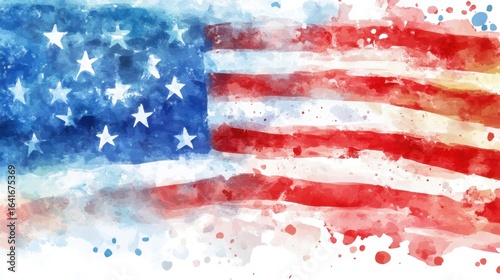 Vibrant watercolor american flag with stars and stripes in blue and red. Independence Day