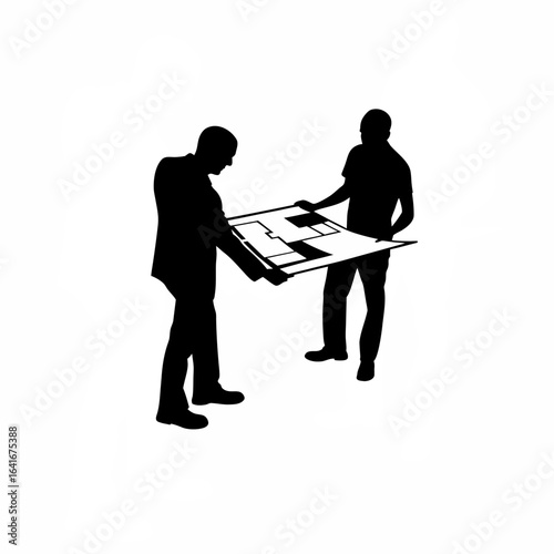 Silhouette of senior and junior architects reviewing a 3d building model isolated on white background