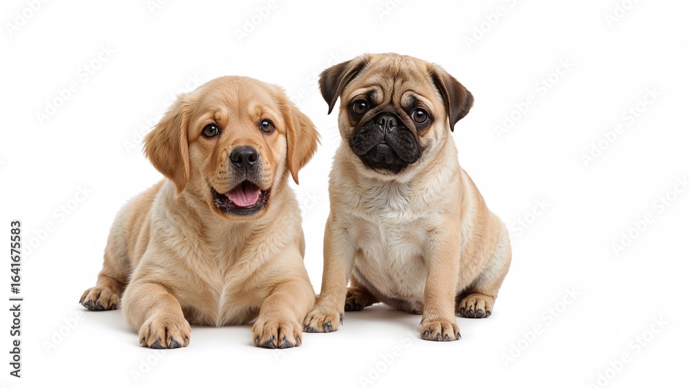 Fototapeta premium Playful retriever and pug puppies isolated on a white surface