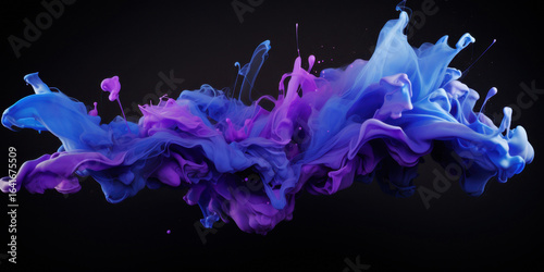 Dynamic fusion of blue and purple ink swirling in dark space