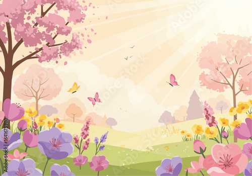 Serene spring landscape with blossoming trees, vibrant flowers, and butterflies fluttering in a sunlit meadow.