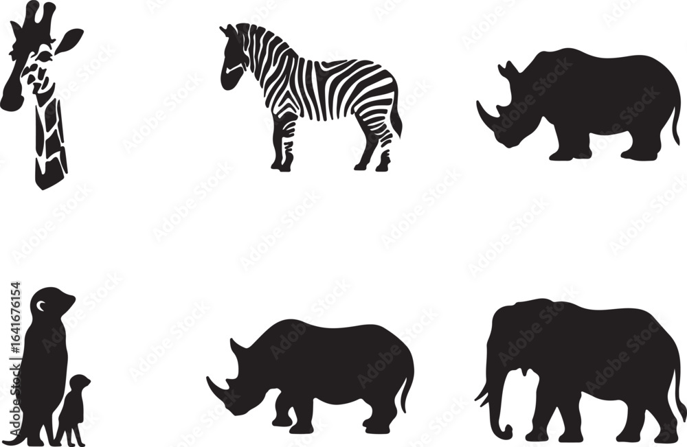 Obraz premium Silhouette Collection of African Safari Animals: Giraffe, Zebra, Rhinos, Meerkat, Elephant