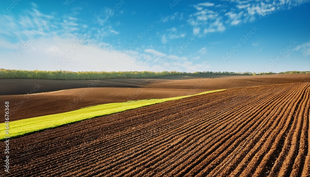 Fototapeta premium agricultural field tilled in spring farmland prepared for the upcoming cultivation season with copy space image place for adding text or design