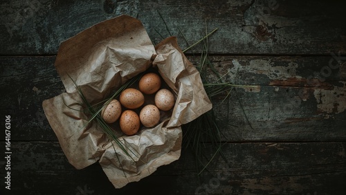 Quail eggs nestled in a pap...