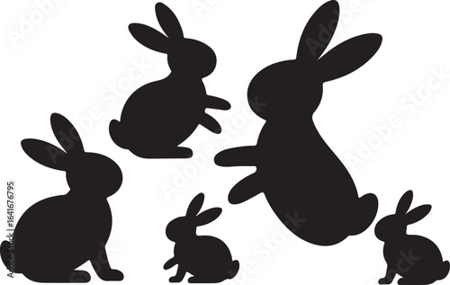 Five Black Rabbit Silhouettes on a White Background