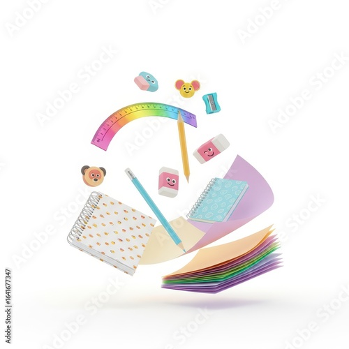 A colorful assortment of school supplies floating in the air.