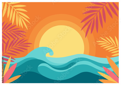 Colorful stylized sunset over a tropical ocean with vibrant foliage.