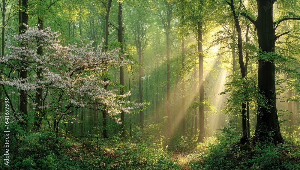 Naklejka premium Sunbeams pierce a misty forest, dappled with blossoms
