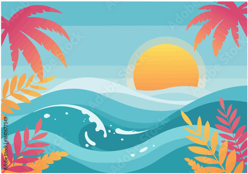 Serene sunset over ocean waves, framed by stylized palm and tropical foliage.