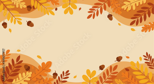 A warm autumn-themed illustration featuring falling leaves, acorns, and a neutral background.