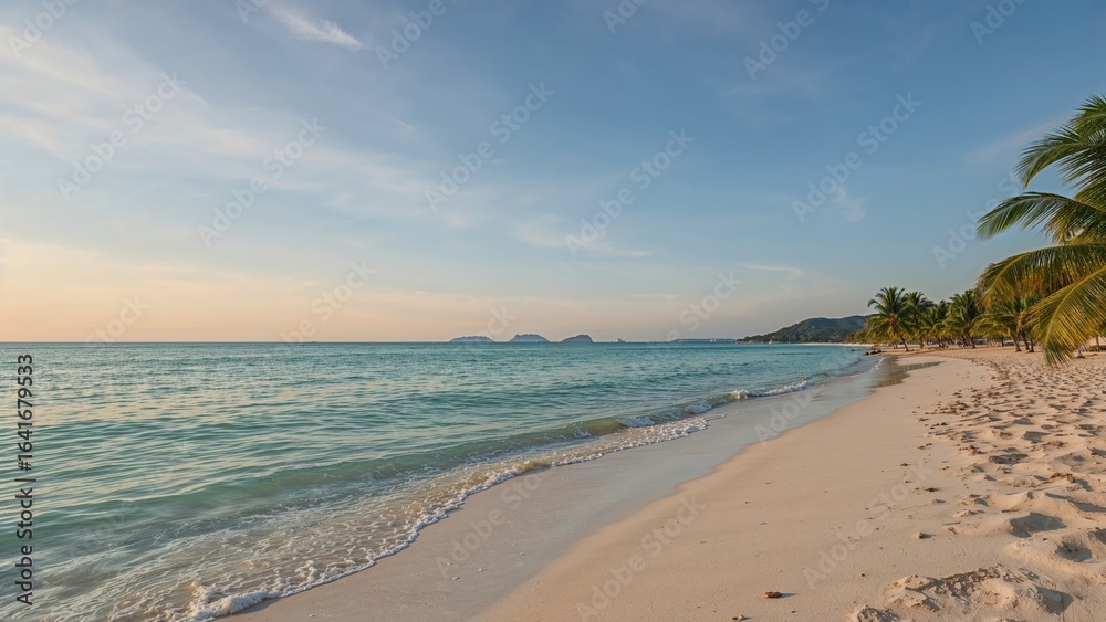 Fototapeta premium Secluded shoreline with ocean view and soft pastel sky.