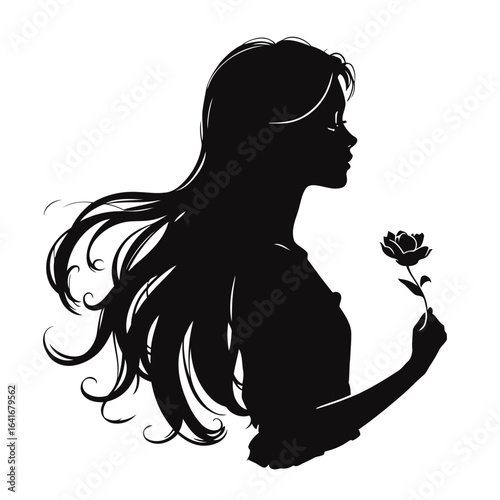 An artful line drawing of a woman's face and body, styled with a flower in her hair