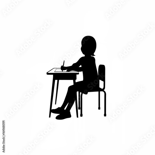 Smiling young schoolgirl coloring with crayons silhouette isolated on white background