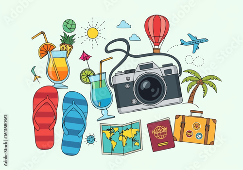 A vibrant illustration showcasing travel essentials and vacation elements, including a camera.