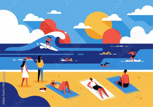 People enjoying summer activities on a vibrant beach with sunbathing, swimming, and surfing under a sunny sky.