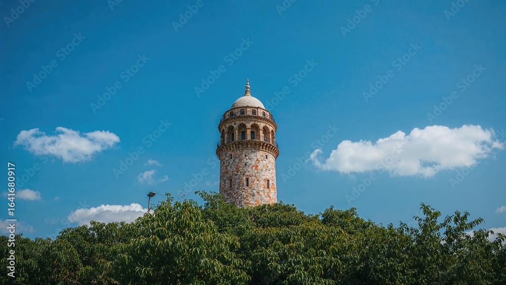 Fototapeta premium Tower adorned with mosaic patterns against a clear blue summer sky