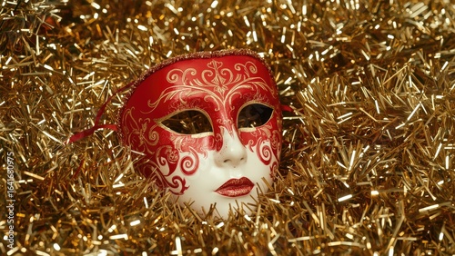 Golden tinsel shines behind...