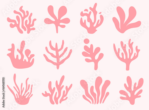 Modern cut paper style coral silhouettes. Set of abstract, minimalist pink seaweed and algae shapes for contemporary poster and pattern design
