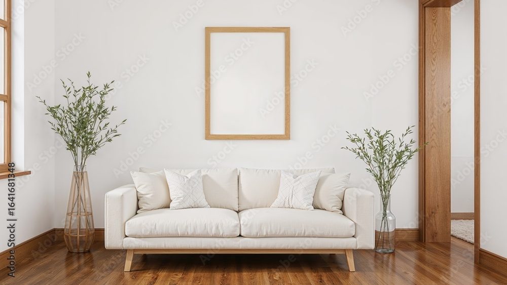 Fototapeta premium Room interior wall mockup highlighting a couch, soft pillows, and a plant-filled vase.