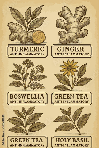 Vintage botanical illustration on aged parchment featuring detailed drawings of anti-inflammatory herbs including turmeric, ginger, boswellia, green tea, and holy basil, ideal for herbal medicine, edu