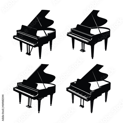 Four Grand Pianos Arranged in a Grid Pattern Black and White Musical Instrument Illustration