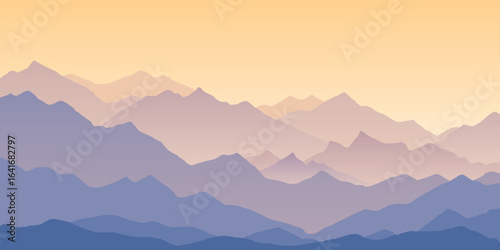 Sunrise in the mountains, ridges in the morning light, minimalistic landscape, vector illustration