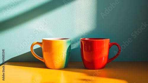 Two colorful coffee mugs sit side by side on a vibrant yellow surface, illuminated by soft shadows against a teal wall.