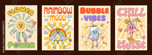 Groovy characters posters. Cartoon playful and cheerful retro flower, rainbow, soda can, and tropical drink y2k hippie personages expressing vibrant relaxed and positive summer vibes with text slogans