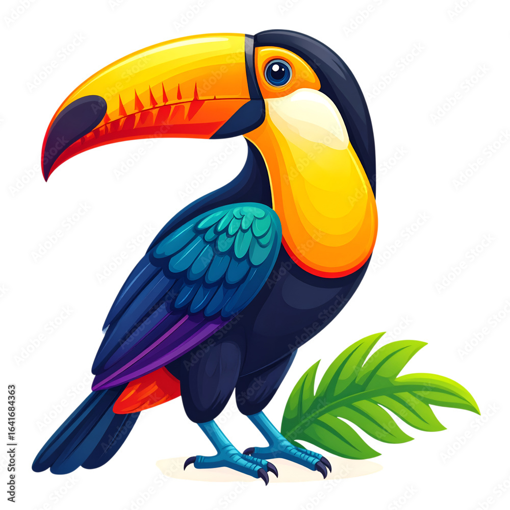 Obraz premium Vibrant Toucan Portrait: A colorful toucan with striking plumage and a massive beak stands on a verdant branch, captured in a lively illustration.