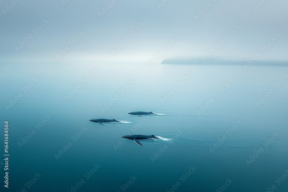 Fototapeta premium Three Humpback Whales Swimming in Foggy Ocean