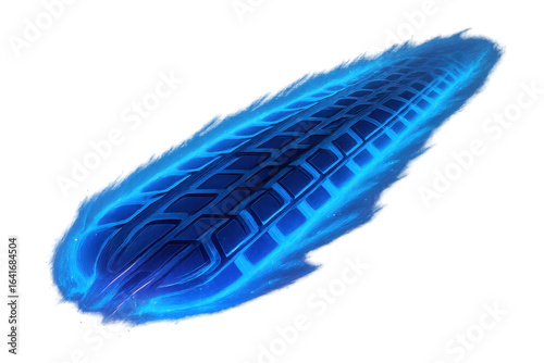 Burning tire track leaving blue flames on transparent background