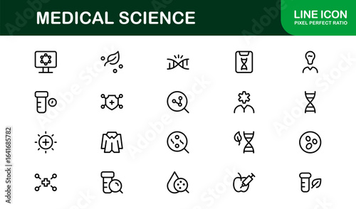 Medical Science Professional Line Icon Set – Modern Vector Healthcare Symbols for Clinics and Labs