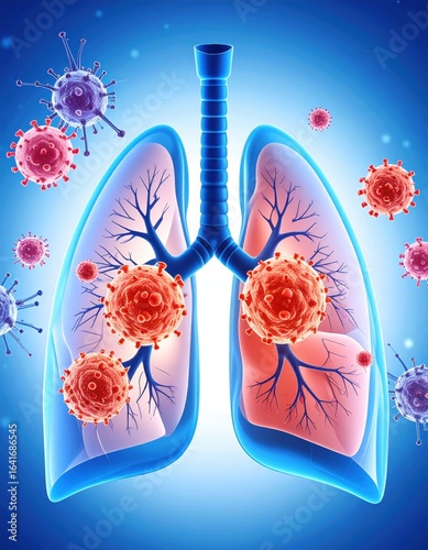A vibrant illustration of human lungs affected by viruses, showcasing disease impact on respiratory health with a blue background.