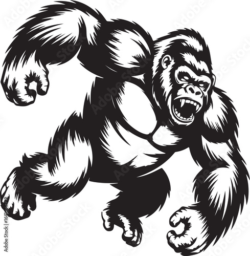 Wallpaper Mural Aggressive Gorilla In A Dynamic Pose Black And White Illustration primate angry Torontodigital.ca